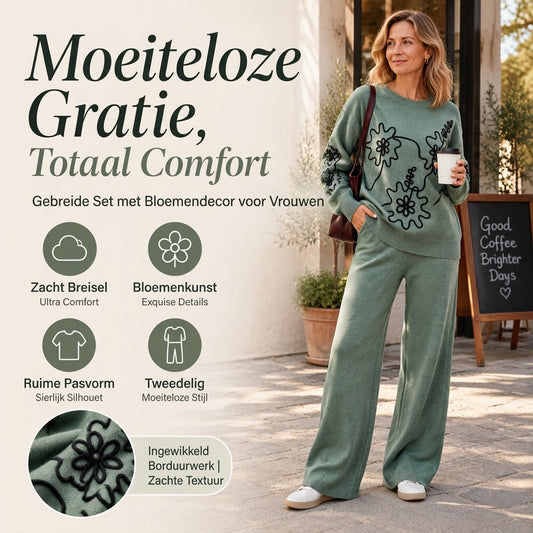 2-Delige Gebreide Lounge Set met Bloemenborduurwerk en Wijde Pijpen