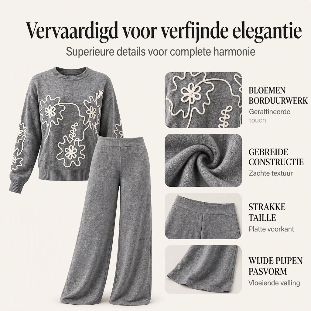 2-Delige Gebreide Lounge Set met Bloemenborduurwerk en Wijde Pijpen