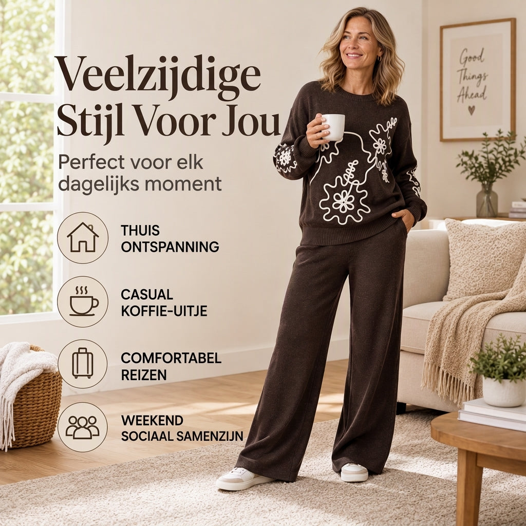 2-Delige Gebreide Lounge Set met Bloemenborduurwerk en Wijde Pijpen