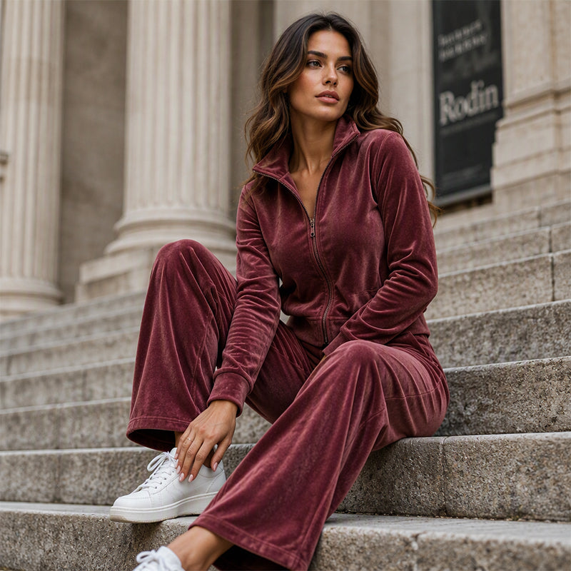 🔥Gratis verzending✈️Elegante 2-Delige Fluwelen Lounge Set met Ritssluiting en Wijde Pijpen