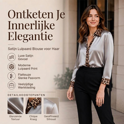 🔥50% OFF🔥Elegante Satijnen Blouse met Luipaardkraag en Contrastmanchetten