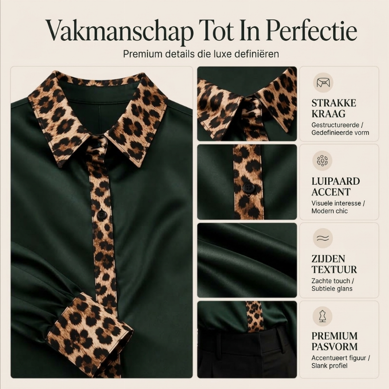 🔥50% OFF🔥Elegante Satijnen Blouse met Luipaardkraag en Contrastmanchetten