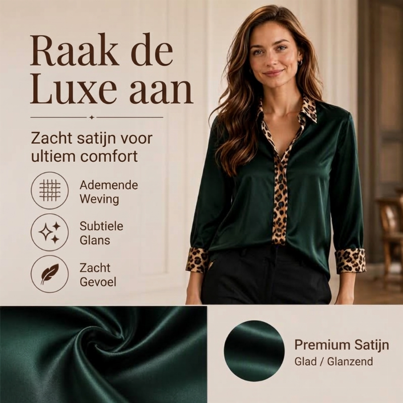 🔥50% OFF🔥Elegante Satijnen Blouse met Luipaardkraag en Contrastmanchetten
