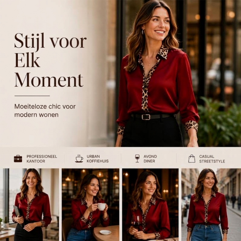 🔥50% OFF🔥Elegante Satijnen Blouse met Luipaardkraag en Contrastmanchetten