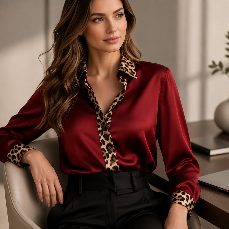 🔥50% OFF🔥Elegante Satijnen Blouse met Luipaardkraag en Contrastmanchetten