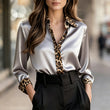 🔥50% OFF🔥Elegante Satijnen Blouse met Luipaardkraag en Contrastmanchetten