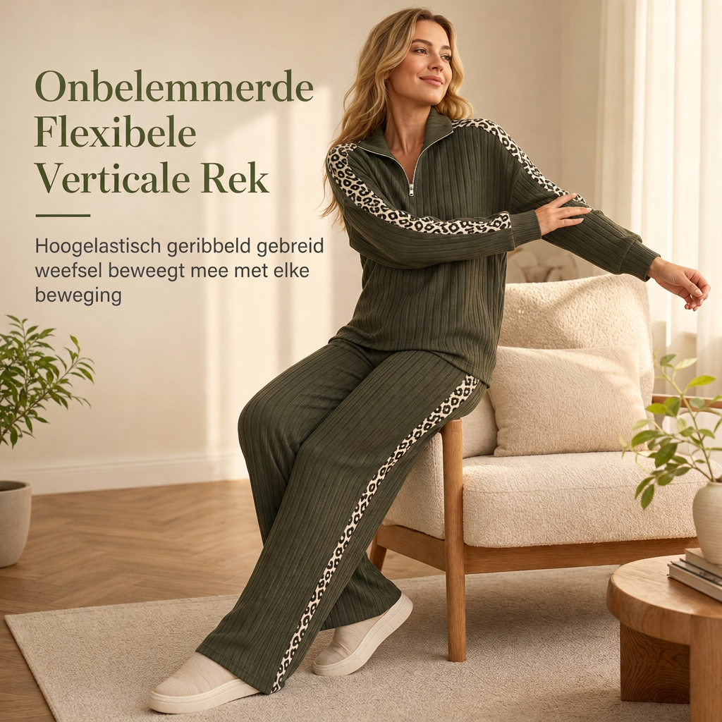 🔥Gratis verzending✈️Dames ribgebreid tweedelige loungewerset met pullover met halve rits en wijde pijnbroek met panelen met luipaardprint