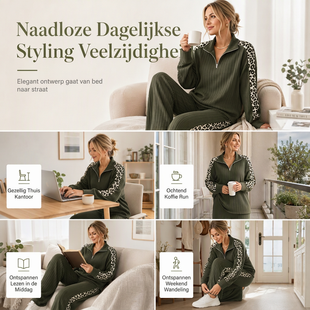 🔥Gratis verzending✈️Dames ribgebreid tweedelige loungewerset met pullover met halve rits en wijde pijnbroek met panelen met luipaardprint