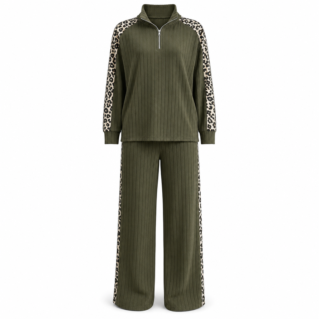🔥Gratis verzending✈️Dames ribgebreid tweedelige loungewerset met pullover met halve rits en wijde pijnbroek met panelen met luipaardprint
