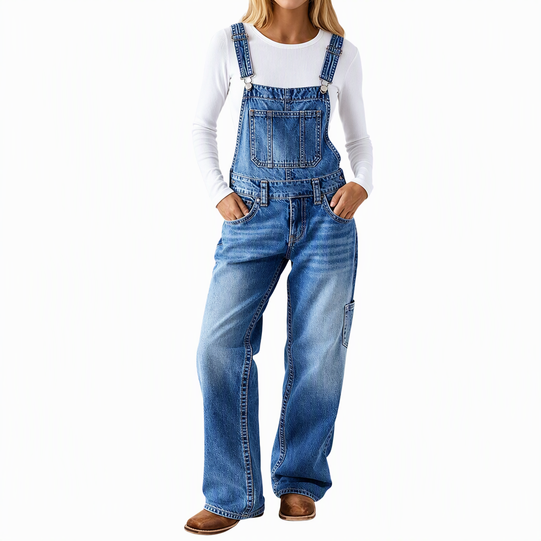 🔥Gratis verzending✈️Stretchy denim overalls voor dames, jumpsuit met wijde pijpen en verstelbare bandjes