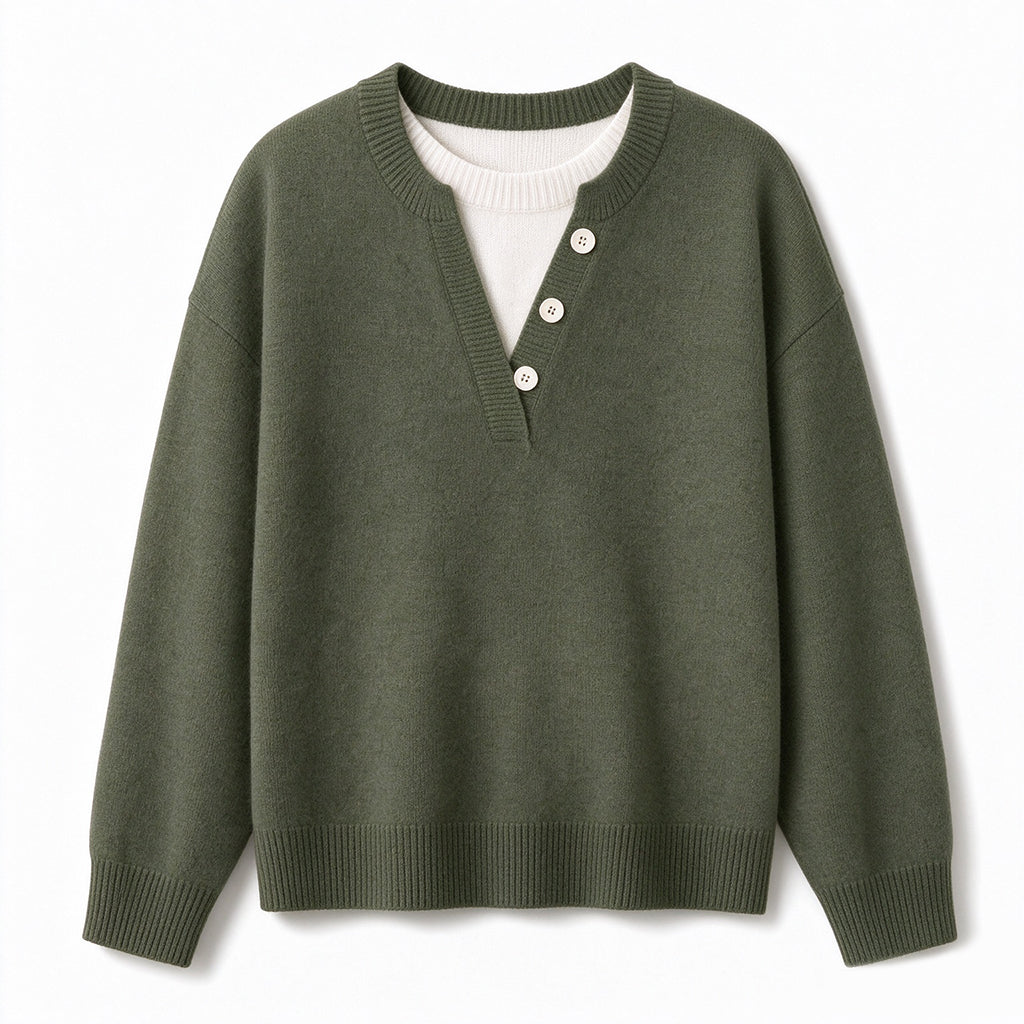 Casual Mock Two-Piece V-hals Gebreide Trui met Knopdetails