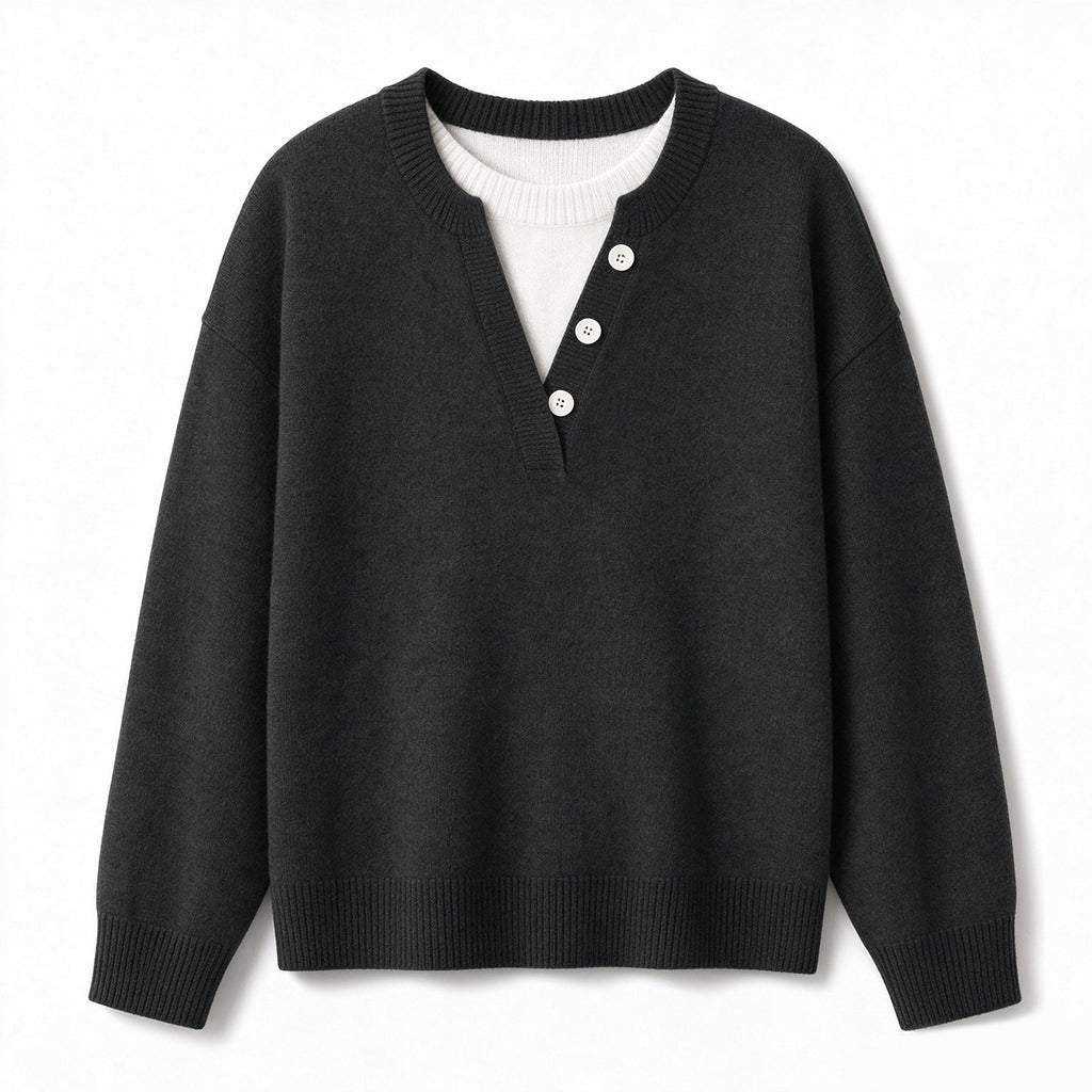 Casual Mock Two-Piece V-hals Gebreide Trui met Knopdetails