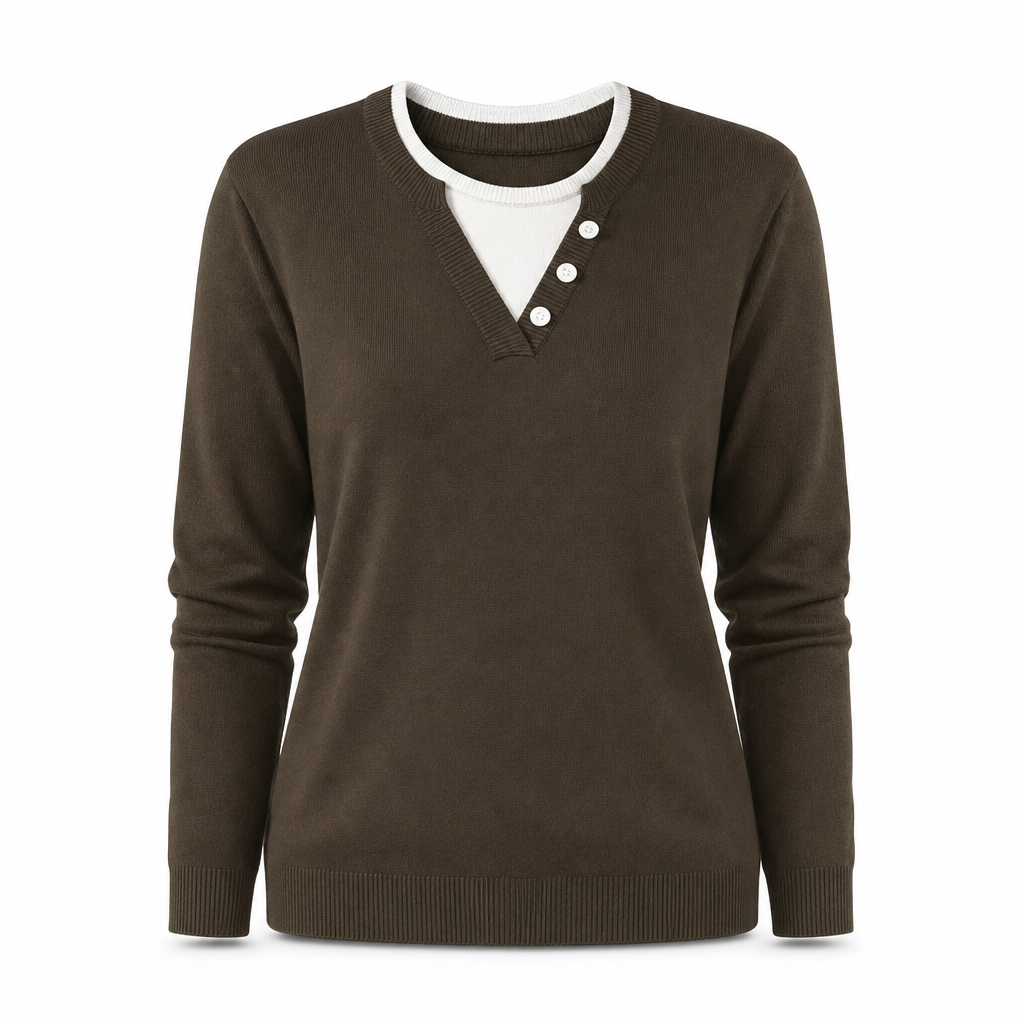 Casual Mock Two-Piece V-hals Gebreide Trui met Knopdetails