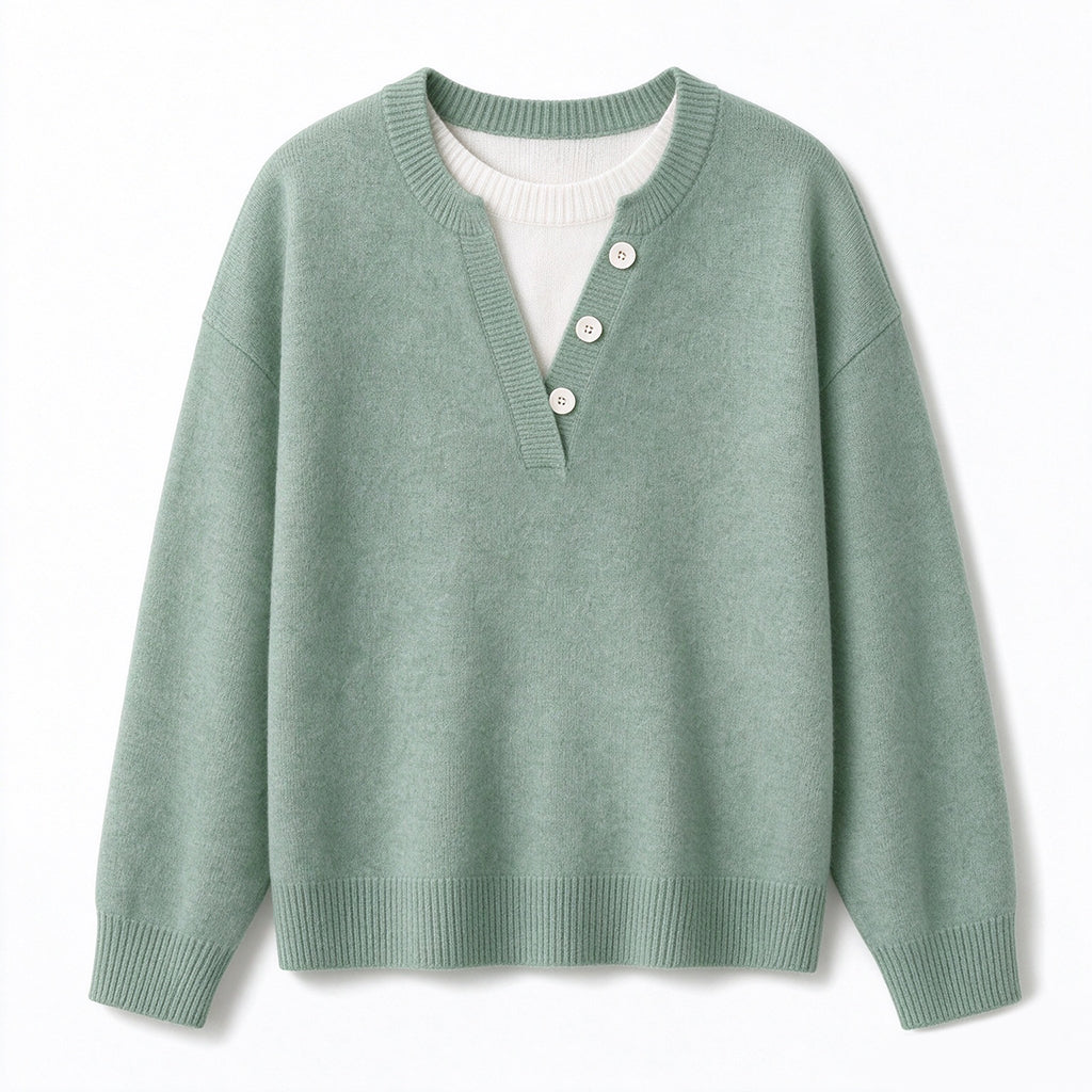 Casual Mock Two-Piece V-hals Gebreide Trui met Knopdetails