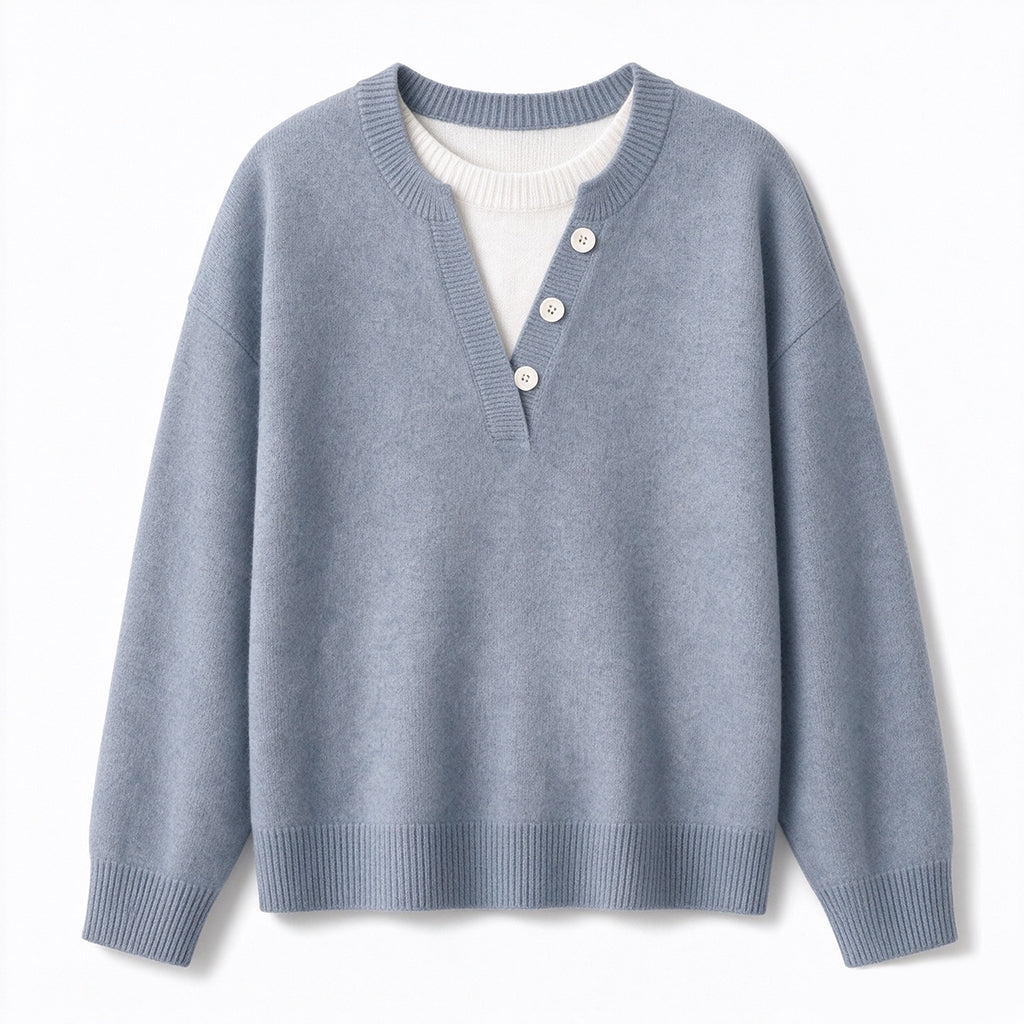 Casual Mock Two-Piece V-hals Gebreide Trui met Knopdetails