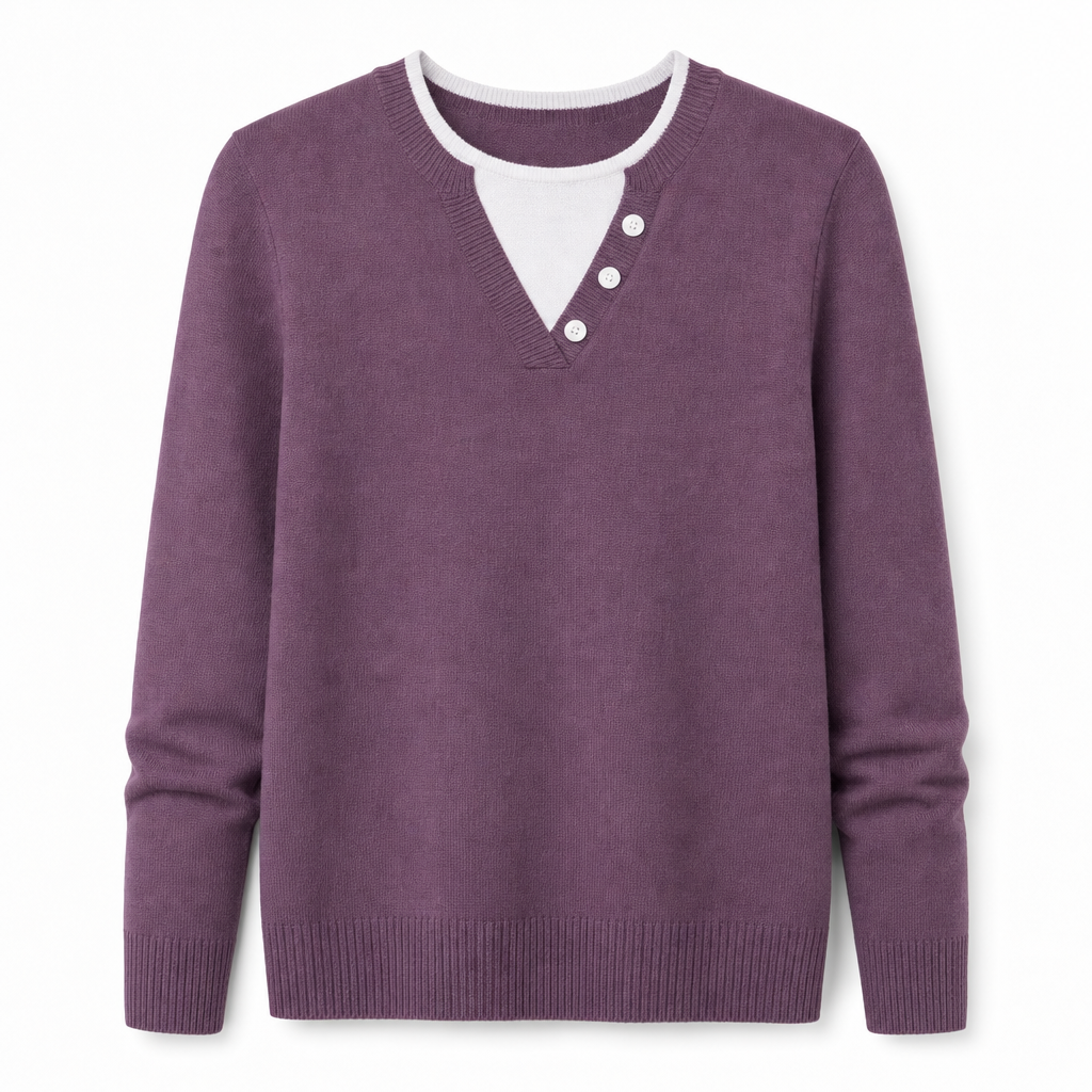 Casual Mock Two-Piece V-hals Gebreide Trui met Knopdetails