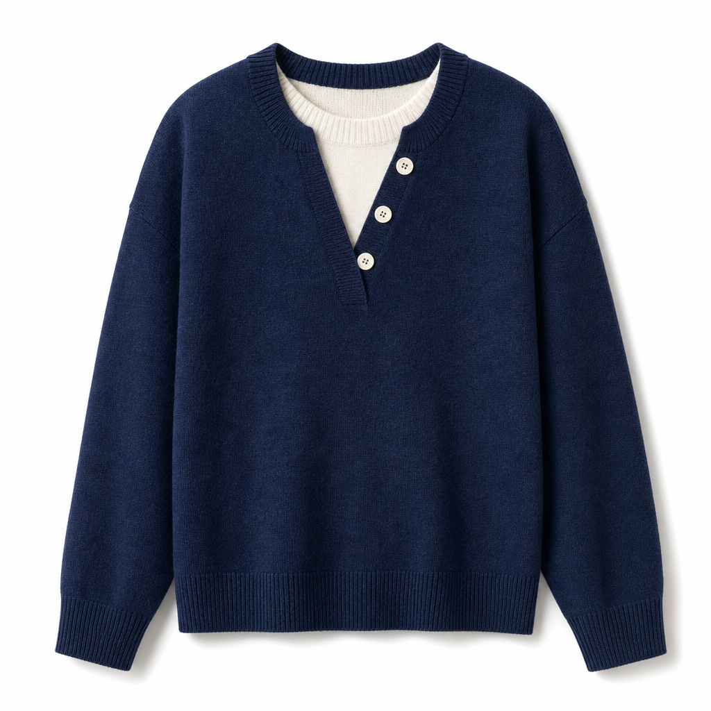 Casual Mock Two-Piece V-hals Gebreide Trui met Knopdetails