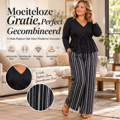 🔥Gratis verzending✈️Dames V-hals Peplum Top en Gestreepte Broek Set 🤍
