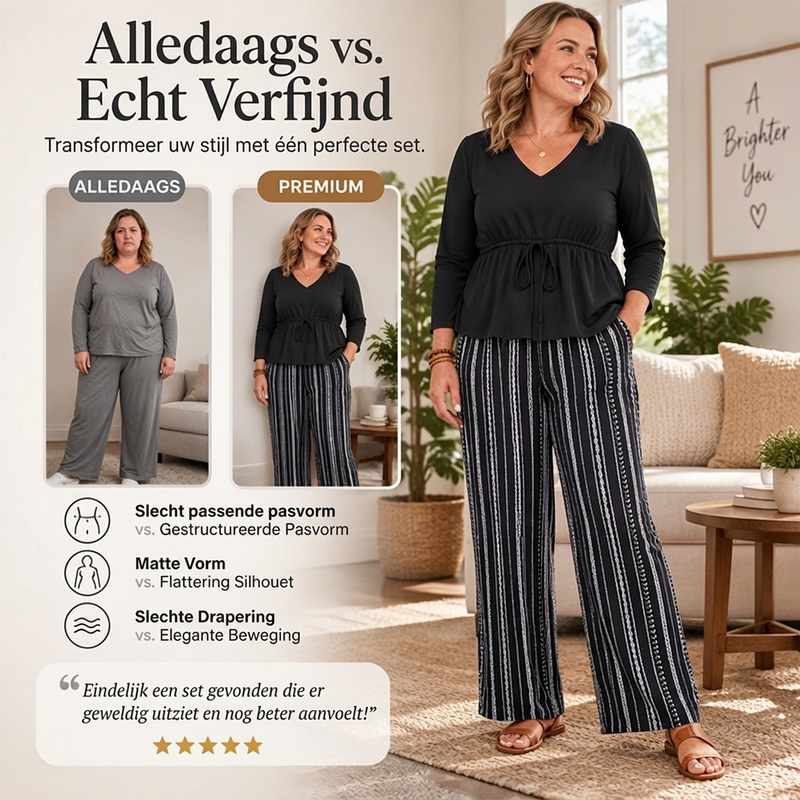 🔥Gratis verzending✈️Dames V-hals Peplum Top en Gestreepte Broek Set 🤍
