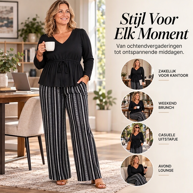 🔥Gratis verzending✈️Dames V-hals Peplum Top en Gestreepte Broek Set 🤍