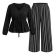 🔥Gratis verzending✈️Dames V-hals Peplum Top en Gestreepte Broek Set 🤍