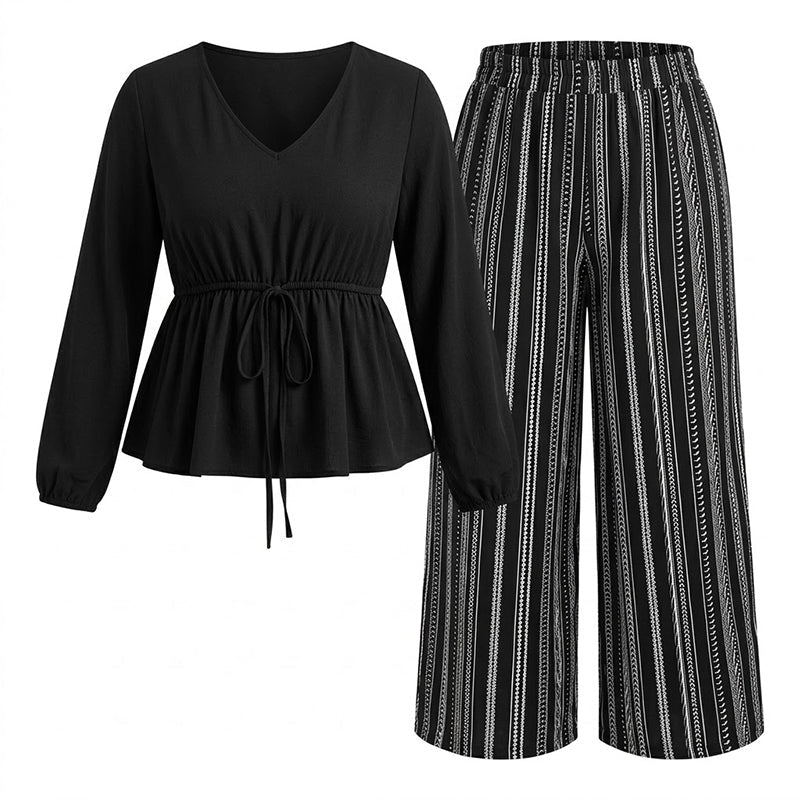 🔥Gratis verzending✈️Dames V-hals Peplum Top en Gestreepte Broek Set 🤍