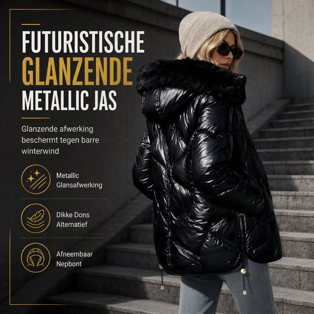 🔥Gratis verzending✈️Glanzende parelmoer hoodie voor dames, gewatteerd met bontkraag, slankpassende winterjas van katoen