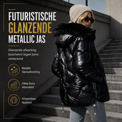 🔥Gratis verzending✈️Glanzende parelmoer hoodie voor dames, gewatteerd met bontkraag, slankpassende winterjas van katoen