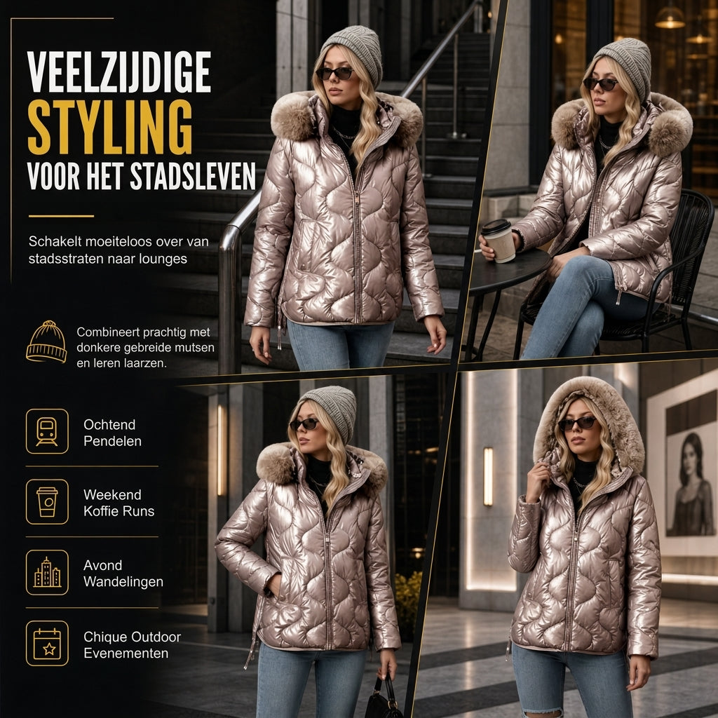 🔥Gratis verzending✈️Glanzende parelmoer hoodie voor dames, gewatteerd met bontkraag, slankpassende winterjas van katoen