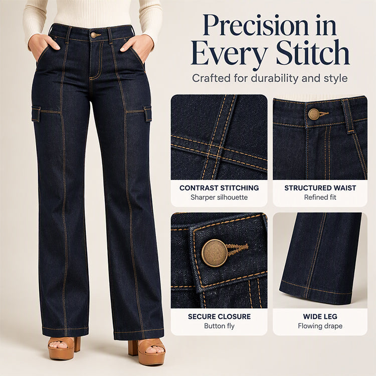 ✨ High-Waist Damesjeans 👖 met Contrasterende Naden en Brede Pijpen, Trendy & Flatterend voor Elke Look ✨