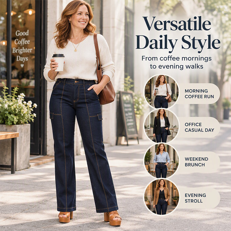 ✨ High-Waist Damesjeans 👖 met Contrasterende Naden en Brede Pijpen, Trendy & Flatterend voor Elke Look ✨
