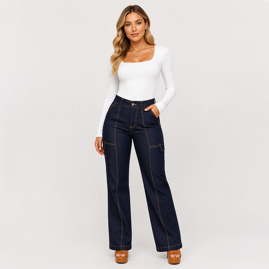 ✨ High-Waist Damesjeans 👖 met Contrasterende Naden en Brede Pijpen, Trendy & Flatterend voor Elke Look ✨