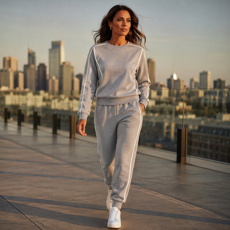 🔥Gratis verzending✈️✨ Dames Sweatshirt Set 🧶 met Contrasterende Biezen en Joggingbroek, 2-Delige Set, Comfortabel & Trendy ✨