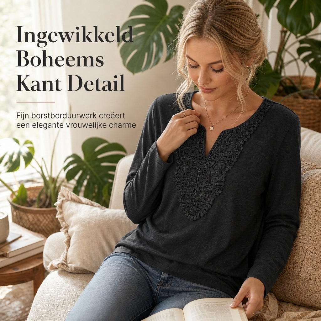 😍Dames Boheems Kant V-Hals Lange Mouwen Losse Fit Blouse