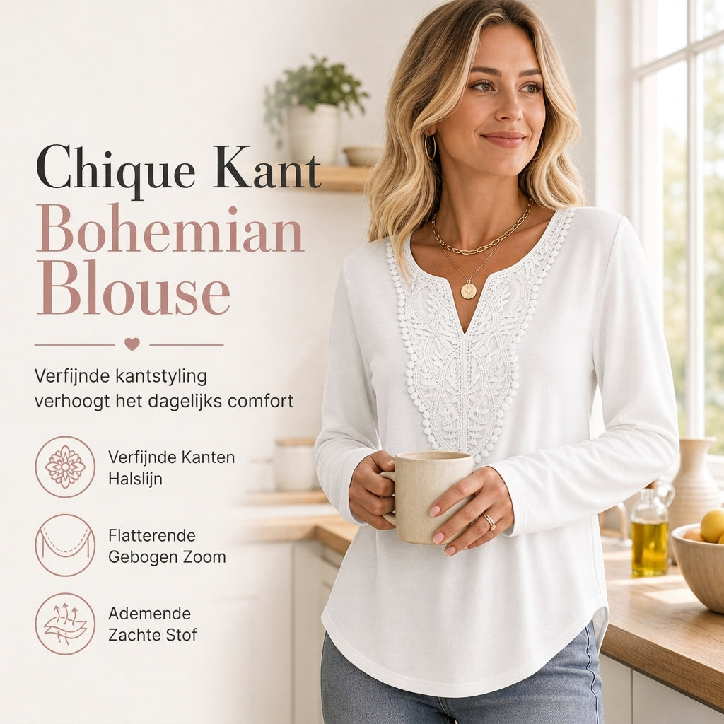 😍Dames Boheems Kant V-Hals Lange Mouwen Losse Fit Blouse