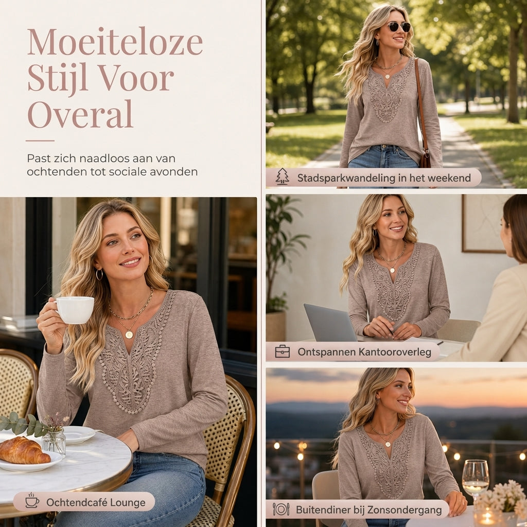 😍Dames Boheems Kant V-Hals Lange Mouwen Losse Fit Blouse