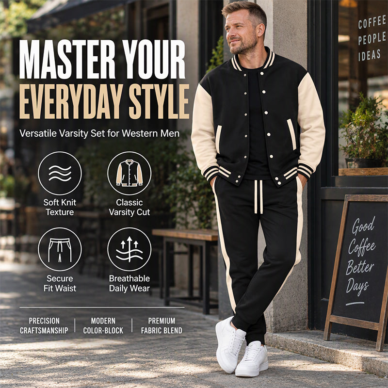 🔥Gratis verzending✈️Heren colour-blockbaseballjack- en broekenset