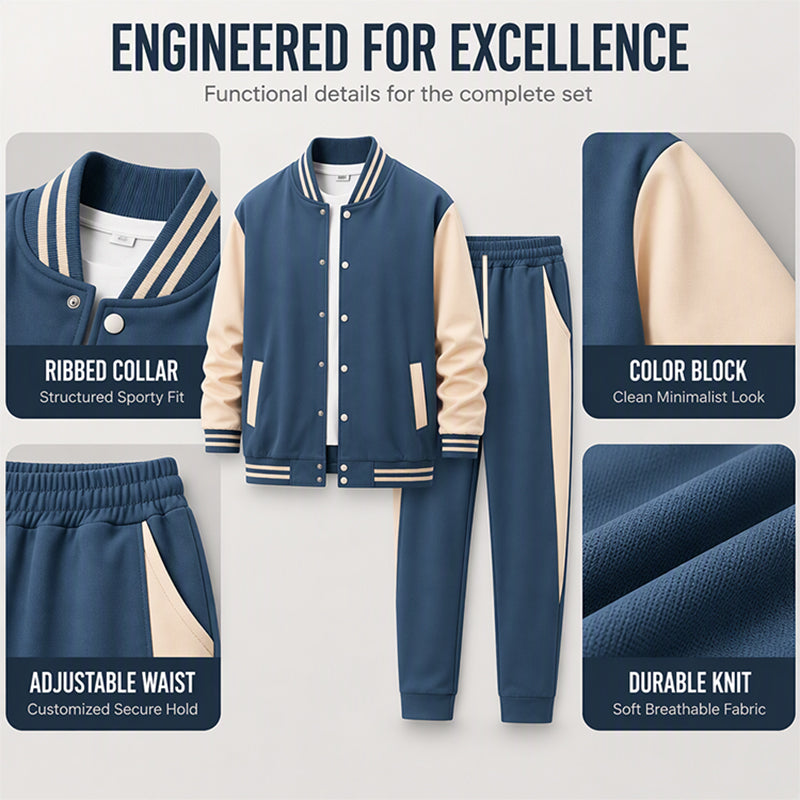 🔥Gratis verzending✈️Heren colour-blockbaseballjack- en broekenset