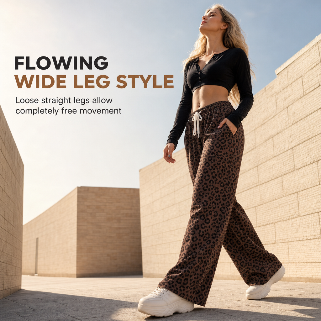 🔥Gratis verzending✈️Dames joggingbroek met luipaardprint, wijde pijpen en trekkoord – loszittende, casual broek voor thuis