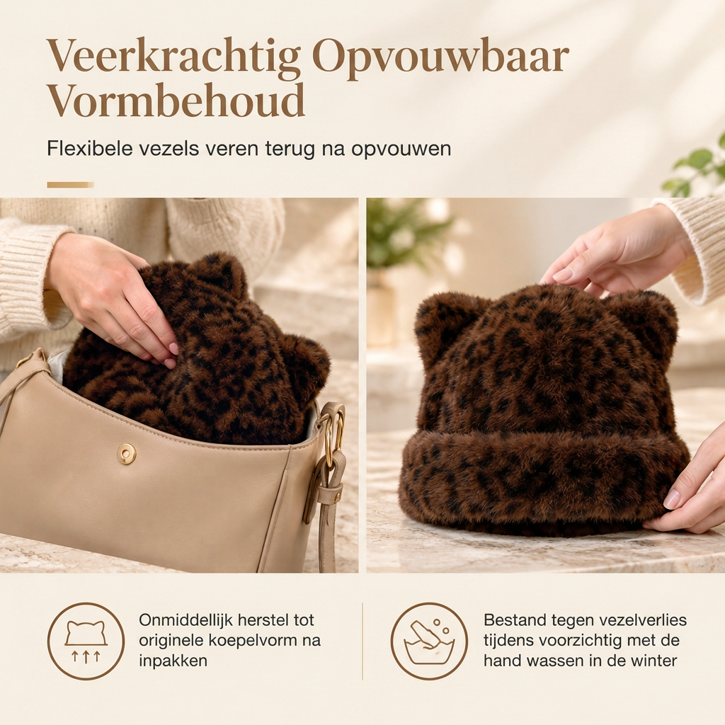 🐱Damesmuts van pluizig imitatiefur (mink) met schattige berenoortjes – warme wintermuts voor koud weer🧢