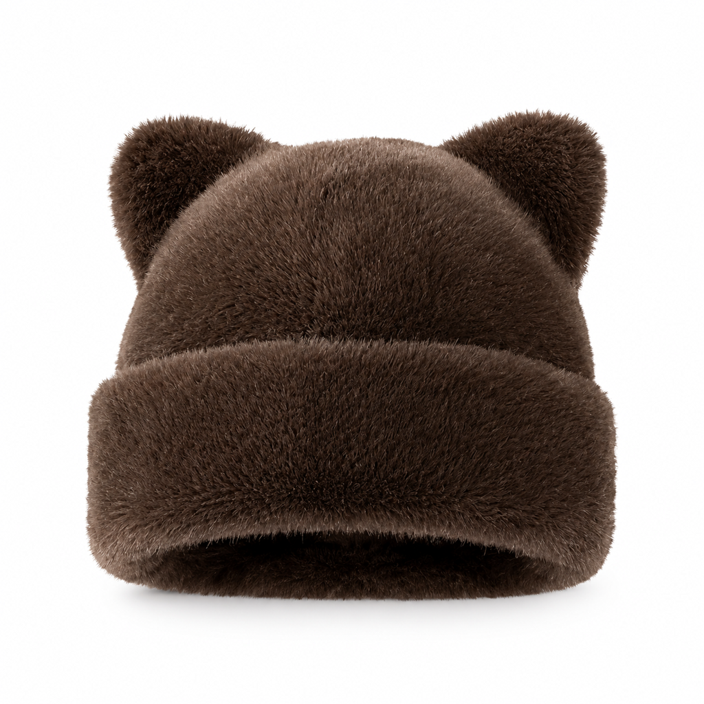 🐱Damesmuts van pluizig imitatiefur (mink) met schattige berenoortjes – warme wintermuts voor koud weer🧢