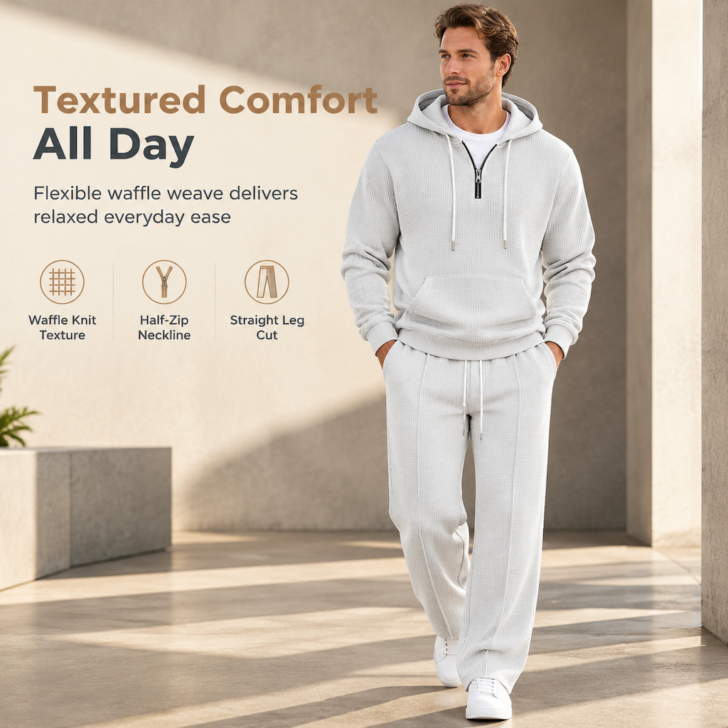 🔥Gratis verzending✈️Casual tweedelige trainingsset voor heren van wafelstructuur: hoodie met halve rits en broek met rechte pijpen
