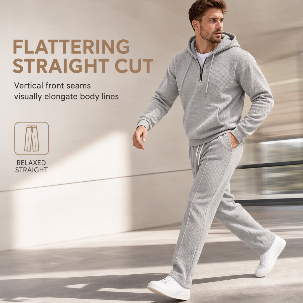 🔥Gratis verzending✈️Casual tweedelige trainingsset voor heren van wafelstructuur: hoodie met halve rits en broek met rechte pijpen
