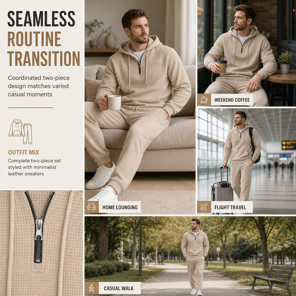 🔥Gratis verzending✈️Casual tweedelige trainingsset voor heren van wafelstructuur: hoodie met halve rits en broek met rechte pijpen