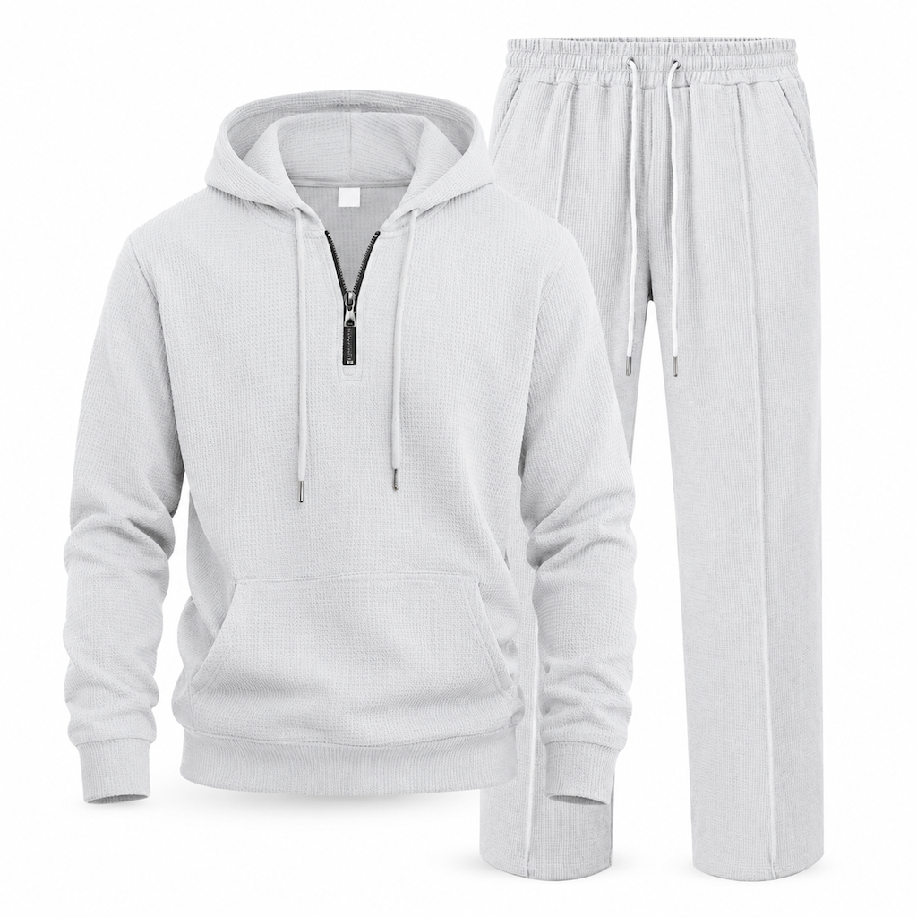 🔥Gratis verzending✈️Casual tweedelige trainingsset voor heren van wafelstructuur: hoodie met halve rits en broek met rechte pijpen