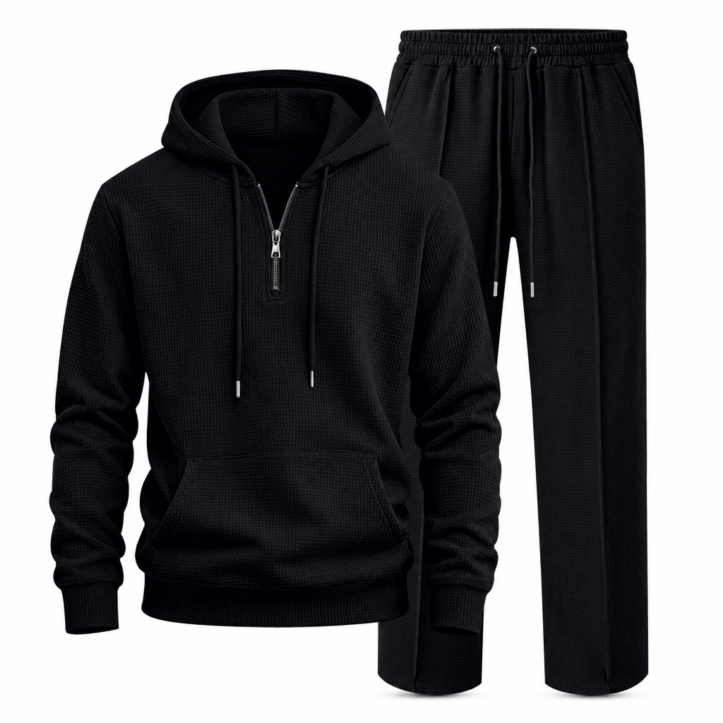 🔥Gratis verzending✈️Casual tweedelige trainingsset voor heren van wafelstructuur: hoodie met halve rits en broek met rechte pijpen