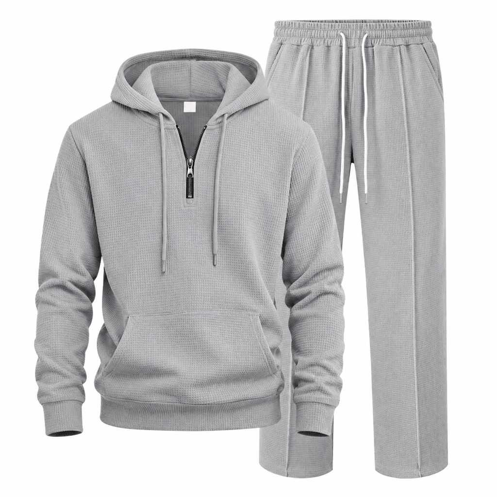 🔥Gratis verzending✈️Casual tweedelige trainingsset voor heren van wafelstructuur: hoodie met halve rits en broek met rechte pijpen