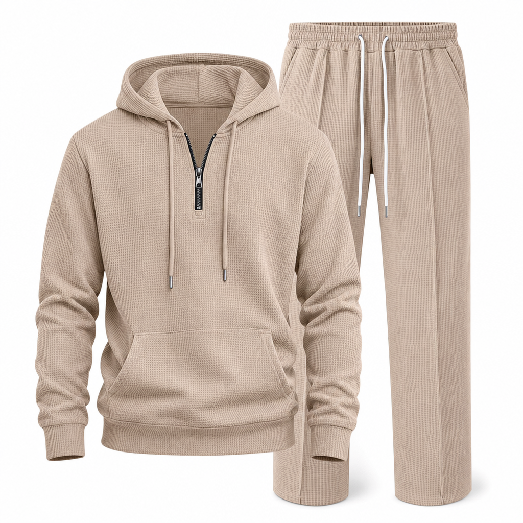 🔥Gratis verzending✈️Casual tweedelige trainingsset voor heren van wafelstructuur: hoodie met halve rits en broek met rechte pijpen
