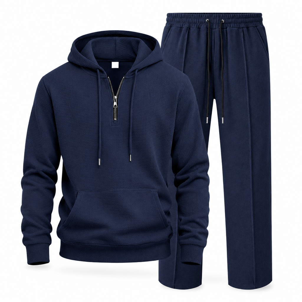 🔥Gratis verzending✈️Casual tweedelige trainingsset voor heren van wafelstructuur: hoodie met halve rits en broek met rechte pijpen