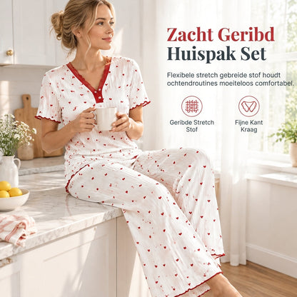 😍Dames Pyjamaset met Print: Korte Mouwen Top en Lange Broek, Comfortabele Rekbare Loungewear